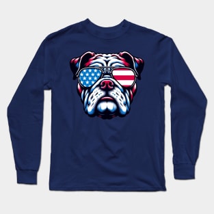 Bulldog Uncle Sam Hat Sunglasses American Flag 4th of July Long Sleeve T-Shirt